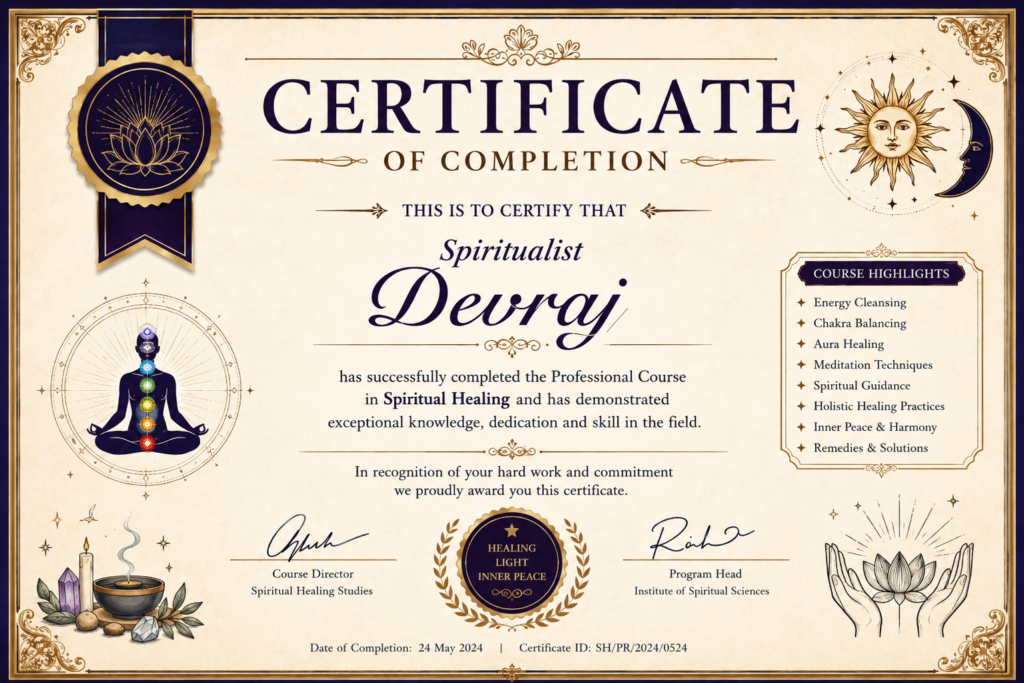 Certificate of Completion awarded to Astrologer Devraj for successfully completing a professional course in Astrology and Spiritual Studies.