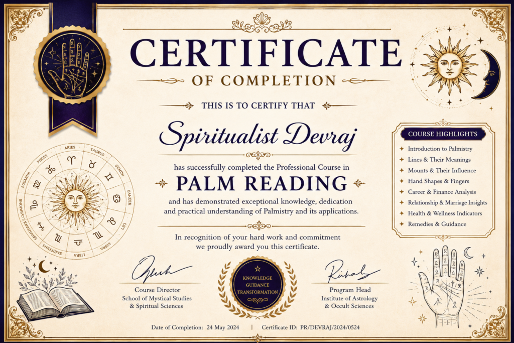 Certificate of Completion awarded to Astrologer Devraj for successfully completing a professional course in Astrology and Spiritual Studies.